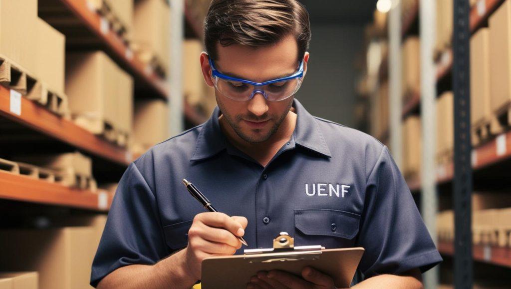 Almoxarife, com uniforme da UENF, segurando uma prancheta e uma caneta, fazendo anotações.